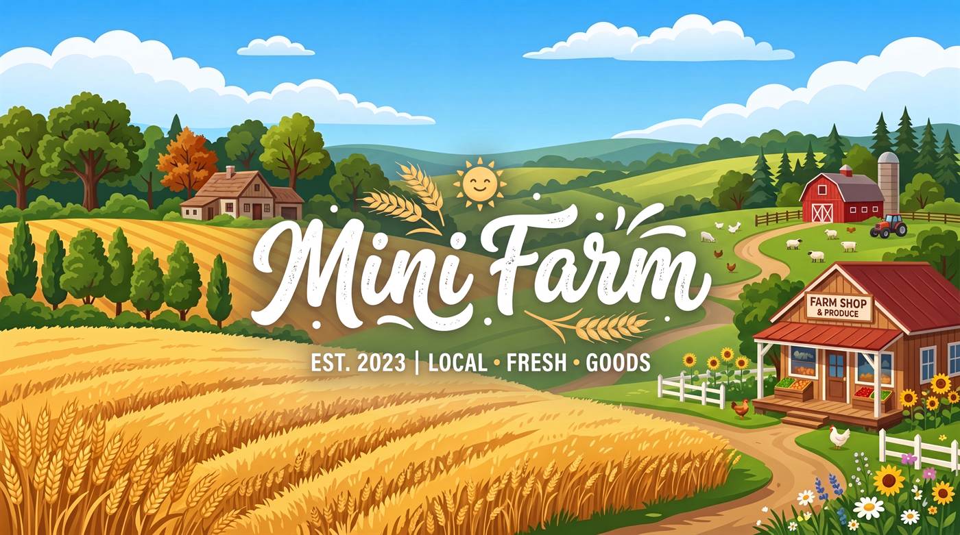 Mini Farm key art: wheat fields, a red barn and a farm shop under a bright sky